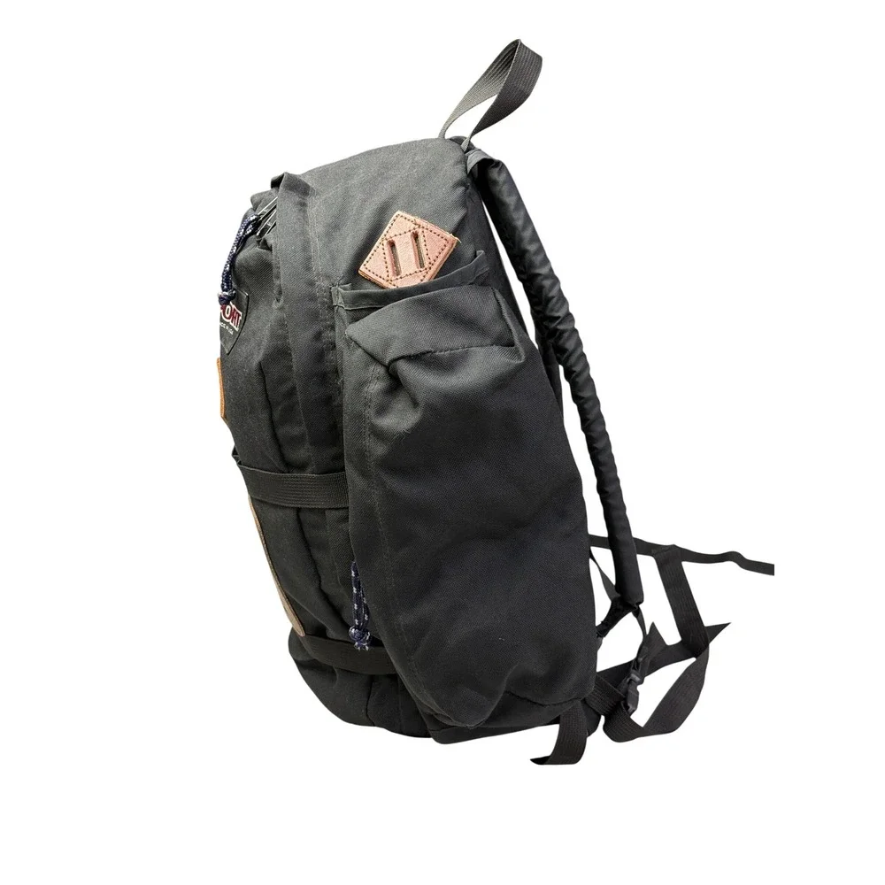 Vintage JanSport Backpack Black Canvas Brown Leather Bottom‎ Made in USA JS Logo